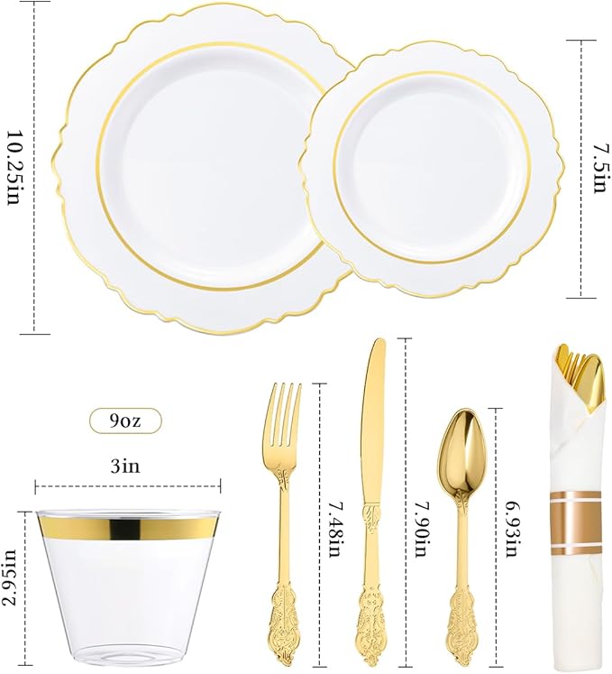 realluck 350 Piece White Gold Plastic Dinnerware Set for 50 Guests Elegant Baroque Disposable Dinnerware for Weddings, Parties, 100 Plastic Plates, 50 Pre Rolled Napkins with Silverware, 50 Cups