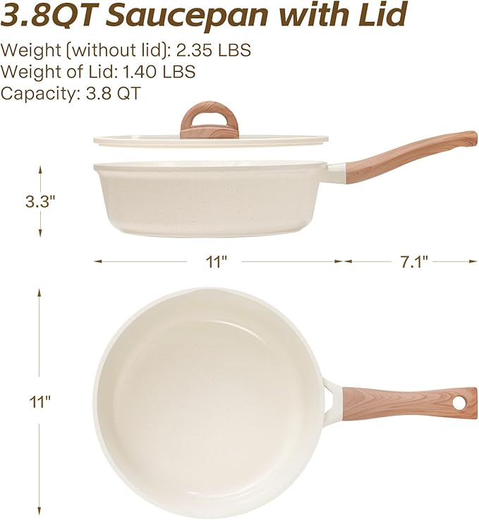 Ceramic Nonstick Frying Pan with Lid, 4.0 QT Sauté Pan Large Capacity Skillet, Non Stick Deep Frying Pan Induction Compatible White Granite Coating PFOA/PFAS Free Non-toxic Healthy Kitchen Cookware