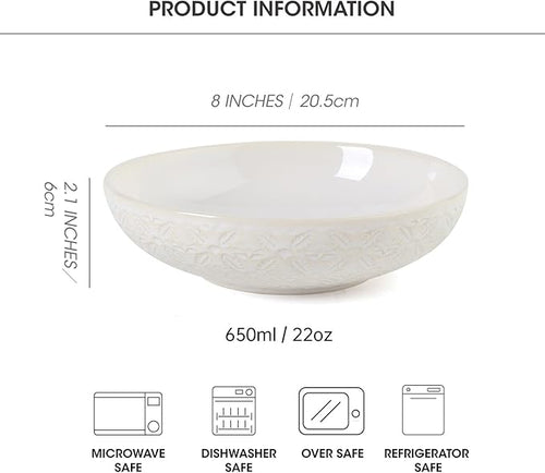 22 Oz Pasta Bowls Set of 4, Large Ceramic Serving Bowls, 8 inch Porcelain Embossed Bowl for Salad, Soup, Fruit, Rice, Desserts, Ramen, Housewarming Present, Kitchen Decor, Dishwasher Safe