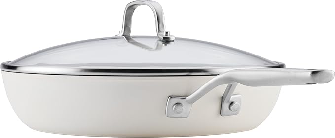 KitchenAid Hard Anodized Ceramic Induction Nonstick Cookware Frying Pan/Skillet with Lid, Dishwasher Safe, 12.25 Inch Non Stick Fry Pan with Stainless Steel Handle - Porcelain White