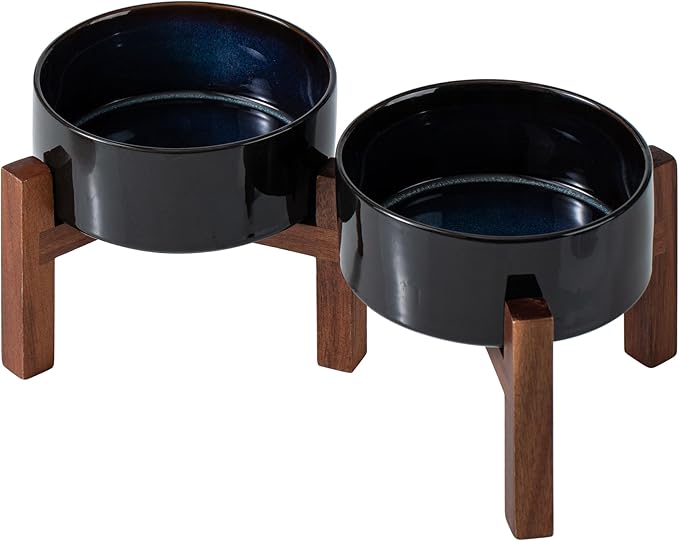 Havniva Ceramic 6.1inch Raised Double Dog Bowls Set with Acacia Wood Stand, 2 Heights Elevated, Food & Water Bowls for Small Dogs(28.2oz, Starry Sky)
