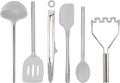 Tovolo Silicone Cooking Utensil Set of 6 Stainless Steel Handle Ladle Slotted Turner Tongs Flex Core Spatula Scraper Mixing Spoon & Potato Masher, Dishwasher Safe BPA Free Utensils, Oyster Gray