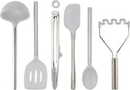 Tovolo Silicone Cooking Utensil Set of 6 Stainless Steel Handle Ladle Slotted Turner Tongs Flex Core Spatula Scraper Mixing Spoon & Potato Masher, Dishwasher Safe BPA Free Utensils, Oyster Gray
