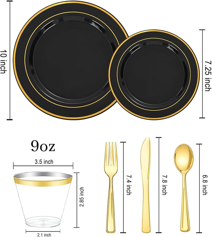 bUCLA 150 Pieces Black and Gold Disposable Dinnerware Set - 25 Guests Black Gold Plastic Plates Include 25 Dinner & 25 Dessert Plates, 25 Spoons, 25 Forks, 25 Knives, 25 Cups for Party & Graduation