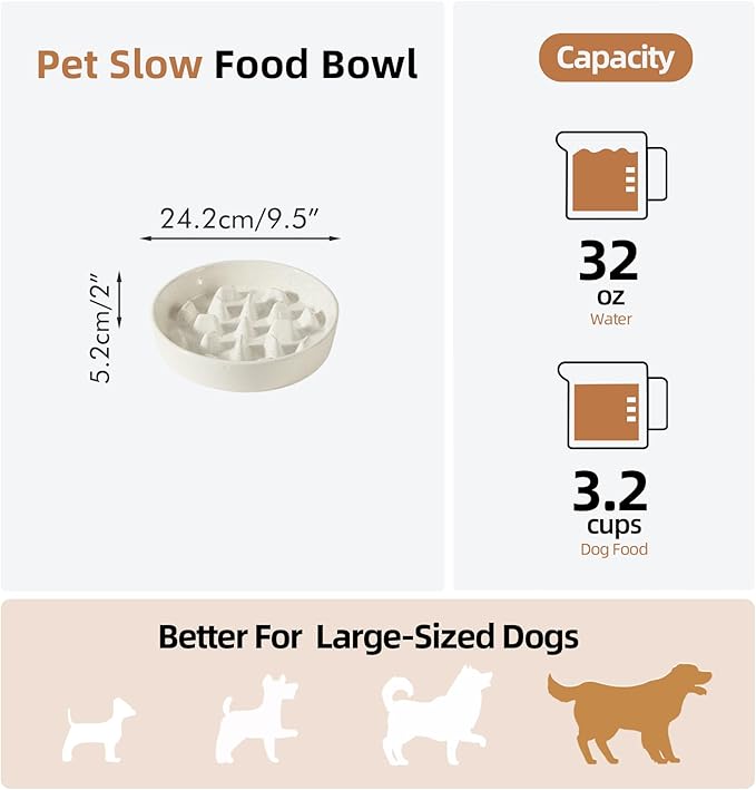 Havniva Ceramic 3.2 Cup Dog Bowl Slow Feeder, 9.5 inch Slow Pet Food Dish for Large Dog, Stop Bloat, Preventing Choking(Single Bowl, Vanilla White)