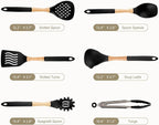 Kitchen Utensils Set - 7 PCS Non-Stick Silicone Cooking Utensils Set Spatula Set with Holder, Wooden Handle Spoon,Tongs,Whisk Kitchen Gadgets Tools Set for Nonstick Cookware (Black-7Max)