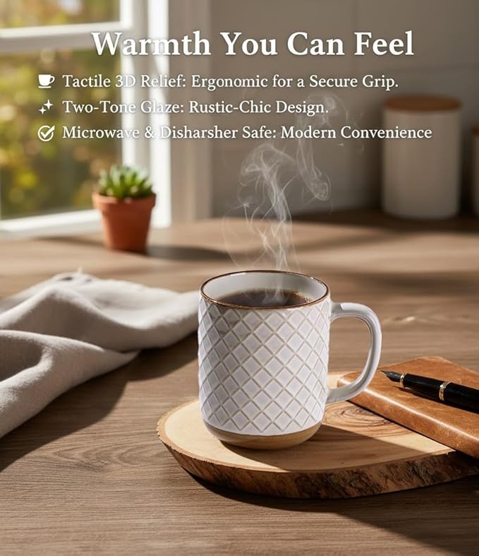 GBhome Coffee Mugs Set of 4, 12oz Handmade Stoneware Coffee Mugs Set with Large Handle for Cappuccino/Latte/Tea/Hot Cocoa, Dishwasher & Microwave Safe, Off White