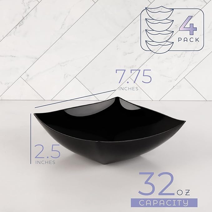 PLASTICPRO Disposable Square Serving Bowls, Party Snack or Salad Bowl, Plastic Black Pack of 4, 32 OUNCE, Black