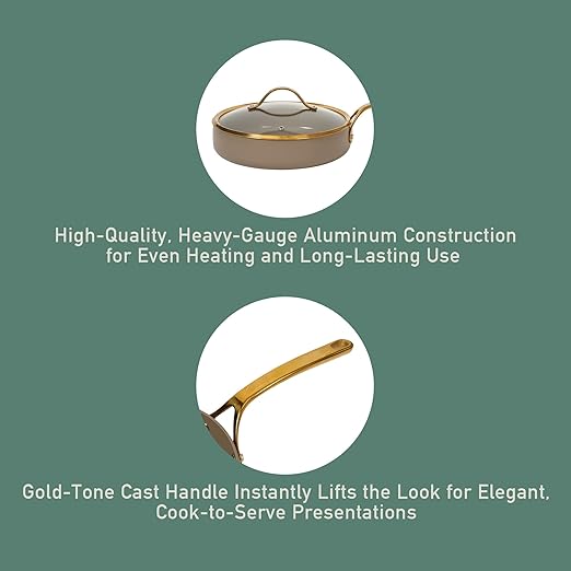 Bloomhouse - Two Time Oprah's Favorite Things Winner - 10 Inch Heavy Duty Aluminum Premium PFA Free Ceramic Nonstick Saute/Deep Frying Pan Skillet with Lid - Cappuccino Cream with Gold Handle