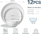 ONEMORE Plates and Bowls Set for 4 - Microwave & Dishwasher Safe Porcelain Dinnerware Set Service for 4 - Ceramic Dishes Set(12 Pcs) - White