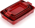 VICRAYS Ceramic Bakeware Set, Porcelain Rectangular Lasagna Pans Casserole Dish Set for Baking, Cooking, Kitchen, Cake Dinner, Banquet and Daily Use, 4 PCS, Cherry Red(9.52"/11.06"/11.77"/14.56")