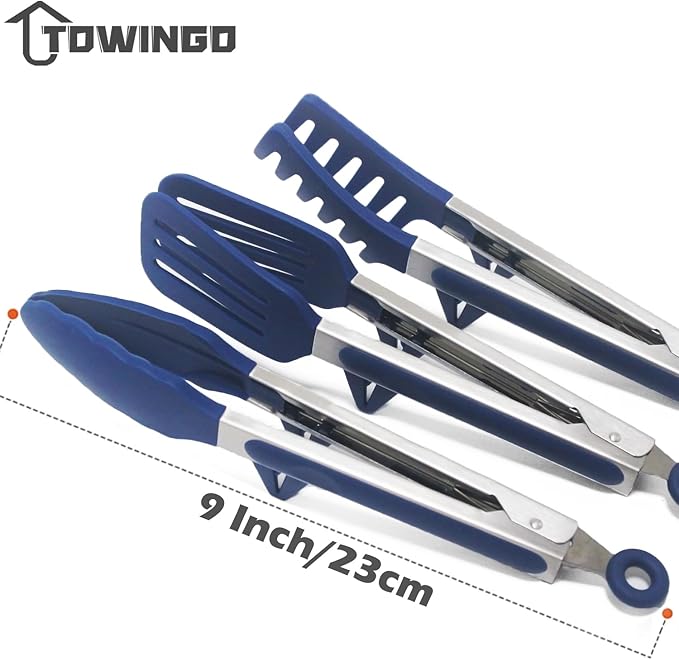 Kitchen Tongs, 9 Inch Tongs for Cooking with Silicone Tips, Food Grade Small Silicone Tongs, Mini Serving Tongs for Nonstick Pans, BBQ, Salad, Set of 3, Blue