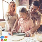 Rolling Pin and Silicone Baking Pastry Mat Set, Stainless Steel Dough Roller, Rolling Pins with Adjustable Thickness Rings, for Baking Fondant, Pizza, Pie, Pastries, Pasta, Cookies