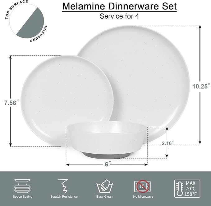 Webbylee 12-Piece Melamine Dinnerware Set for 4 – Unbreakable Plates & Bowls, Lightweight, Two-Tone White & Grey, Ideal for Family Meals, Camping, Picnic, Parties