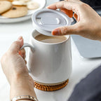 HVH Ceramic Coffee Mug With Lid, 17oz Set of 4, Large Handle Cups for Tea and More, Farmhouse Style (White)