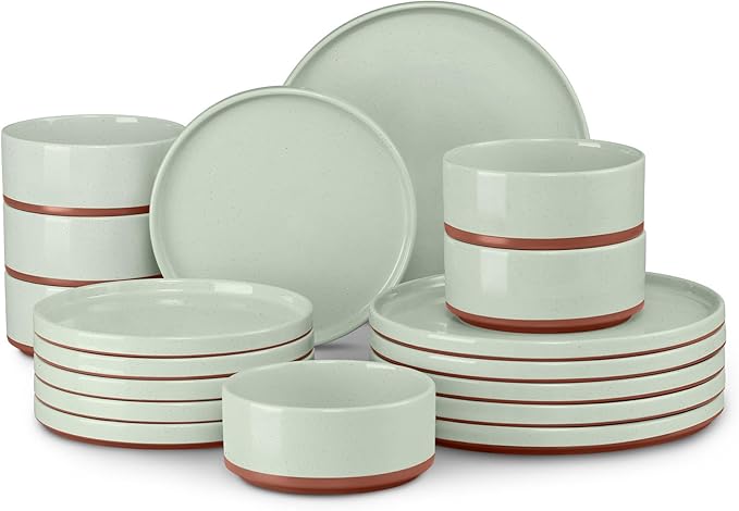 LIANYU 18 Pieces Porcelain Dinnerware Sets, Premium Plates and Bowls Set, High-Fired Ceramic Dishes Set for 6, Chip & Scratch Resistant, Microwave Dishwasher Safe, Laurel Green