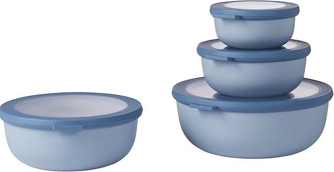 Mepal Cirqula Set of 4 Multi Food Storage and Serving Bowls with Lids, Food Prep Containers, Shallow, Nordic Blue, 1 each (350ml|12oz), (750ml|25oz), (1250ml|42oz), (2250ml|76 oz), 1 Set