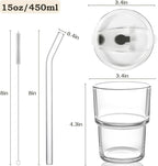 15oz Iced Coffee Cups with Lids Reusable,2Pcs Glass Matcha Cups,Glass Cups with Lids and Straws,Clear Glass Coffee Tumbler for Drinking Water,Tea,Juice