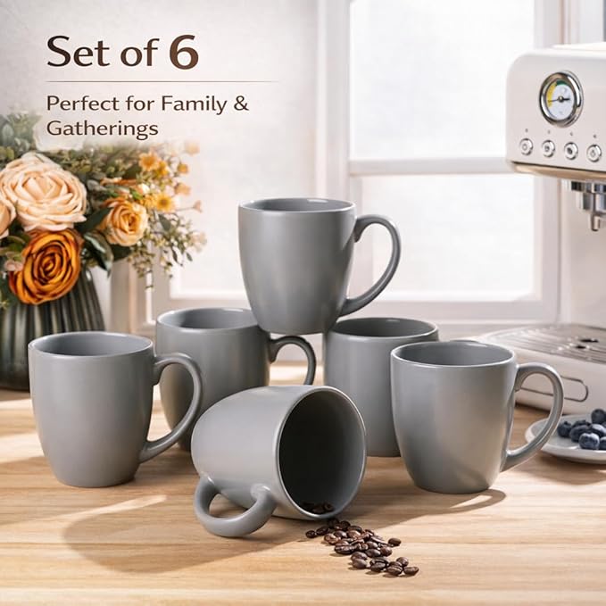 GBhome 12oz Coffee Mugs Set of 6, Large Ceramic Coffee Mugs for Man, Woman, Dad, Mom, Modern Coffee Mugs Set with handle for Tea/Latte/Cappuccino/Milk/Cocoa. Dishwasher&Microwave Safe,Matte Grey