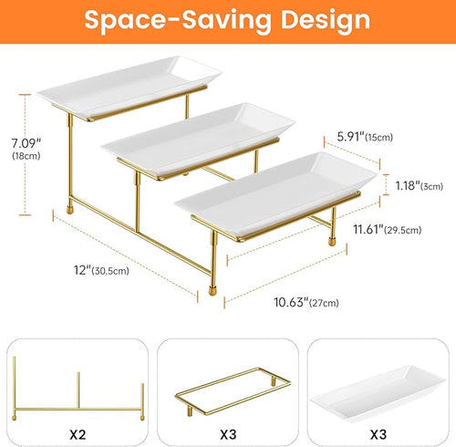 3 Tier Serving Tray for Party, 12"x6" Tiered Serving Platters with Steel Display Stand for Sevring Food,Cookies,Veggie, Dessert,Fruit, Gold