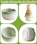 JBER Matcha Whisk Set, Ceramic Matcha Kit Includes Bowl with Spout, Matcha Whisk (Chasen) and Holder, Sifter, Scoop, Spoon & Rest - 7PCS Matcha Set for Matcha Lovers Ceremony, Gradient Light Green