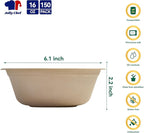 JOLLY CHEF Compostable Disposable Paper Bowls [16 oz] Heavy Duty Soup Uncoated Containers [150 Pack] Biodegradable Bagasse Hot Cold Eco-Friendly Natural Sugarcane Microwavable for Dessert Christmas