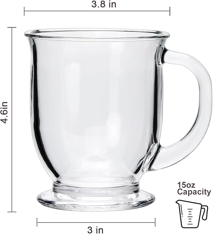 Set of 4 Clear Glass Coffee Mugs,16 OZ Large Beer Cups,Diner Coffee Cup with Handle for Hot Beverages,Tea, Cappuccino, Latte, Espresso, Juice Mothers Men and Women Gifts