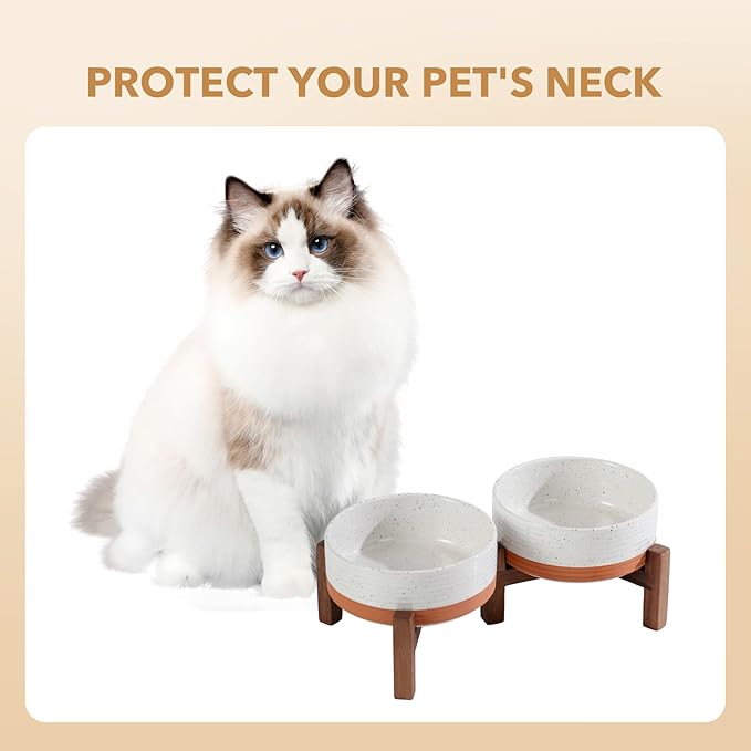 Havniva Ceramic 5.1inch Raised Double Bowls Set with Acacia Wood Stand, 2 Heights Elevated, Food & Water Bowls for Puppy, Kitty, Cats(13.5oz, Vanilla White)