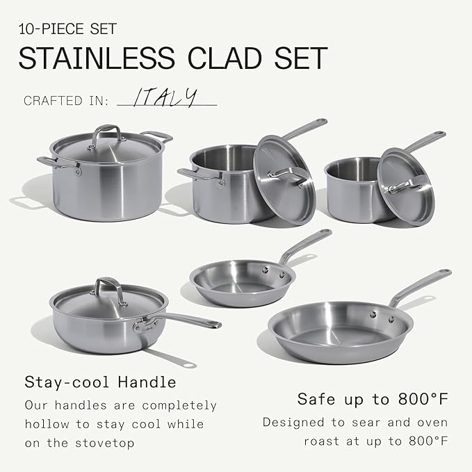 Made In Cookware | 10 Piece Stainless Steel Pot and Pan Set | 5 Ply Clad - Includes Stainless Steel Frying Pans, Saucepans, Saucier and Stock Pot W/Lid | Professional Cookware | Crafted in Italy