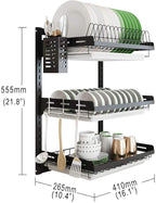 junyuan Hanging Dish Drying Rack Wall Mount,Dish Racks Drainer,3 Tier Kitchen Plate Organizer Storage Shelf with Drain Tray with 3 Hooks,Stainless Steel Black Large Ajustable Height