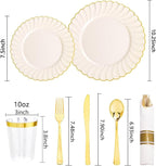 YOUBET 350PCS Ivory Scalloped Plastic Plates - Ivory and Gold Disposable Dinnerware Set Include 100 Plates, 150 Gold Silverware, 50 Cups, 50 Napkins for Wedding & Party