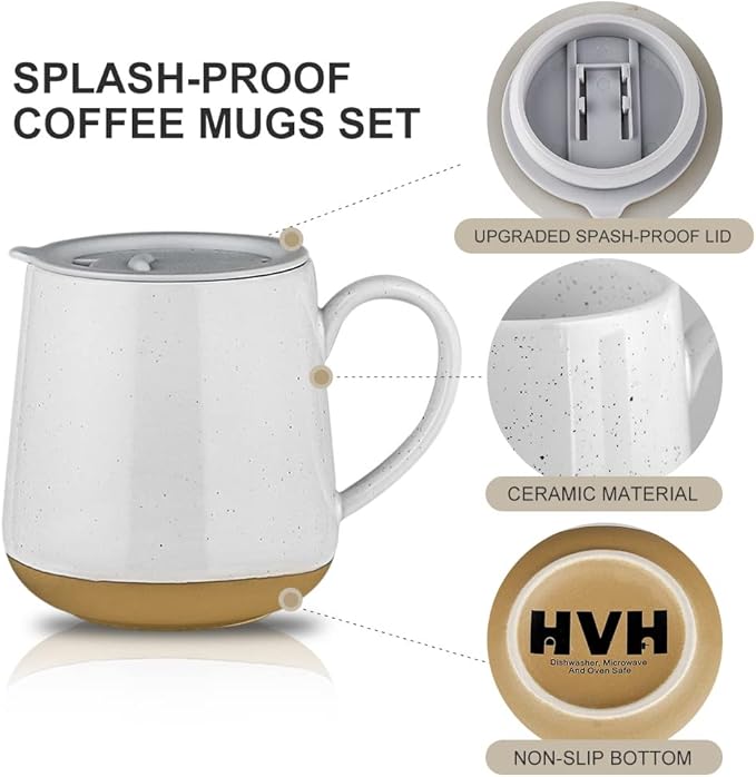 HVH Ceramic Coffee Mug With Lid, 17oz Set of 4, Large Handle Cups for Tea and More, Farmhouse Style (White)