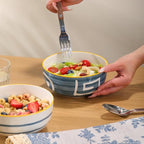 Yeacccng Japandi Cereal Bowls Set of 4, 6 Inch 27 Oz Blue Striped Ceramic Soup Bowls, Lead-Free Cadmium-Free, Dishwasher Microwave Oven Safe, Scratch-Resistant Serving Bowls