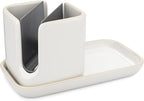 Full Circle Stash, Ceramic Kitchen Sink Caddy, Stylish Sponge Holder & Dish Brush Organizer, Easy to Clean, Dishwasher Safe, Rustproof, White and Gray, 11"