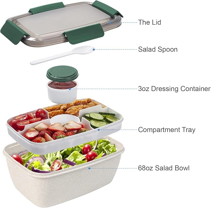 Freshmage Large Salad Container for Lunch, 2 Packs 68oz Salad Bowls with 5 Compartments, Salad Dressings Container for Salad Toppings, Snacks, Men, Women (Wheat straw white)