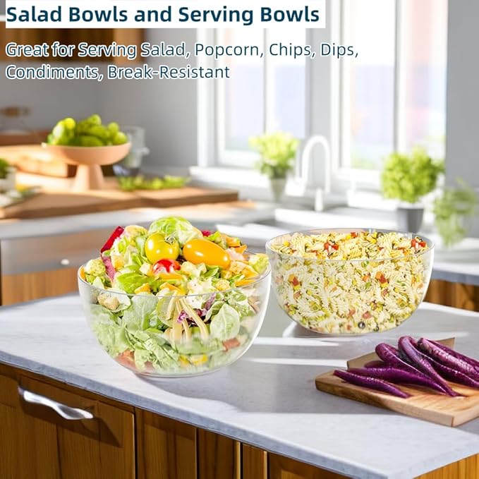 Qxbekmor Large Acrylic Salad Bowls and Serving Bowls, Great for Serving Salad, Popcorn, Chips, Dips, Condiments, Break-Resistant Set of 2, Clear 146 oz