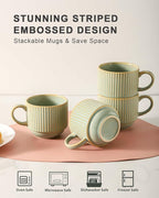 HASENSE Ceramic Coffee Mugs Set of 4 with Rack - 15 oz Stackable Large Porcelain Ribbed Latte Cup Set for Cappuccino, Tea, Hot Cocoa, Drinks - Dishwasher & Microwave Safe, Green Earth