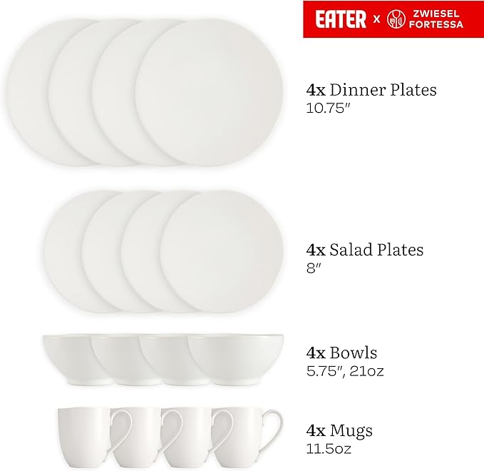 Eater x Zwiesel Fortessa Tempus Stoneware, 16 Piece Dinnerware Set (Service for 4), Linen