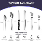 60-Piece Silverware Set with Steak Knives Stainless Steel Flatware Set for 10 Food Grade Tableware Cutlery Set Rust-proof, Mirror Polished, Dishwasher Safe