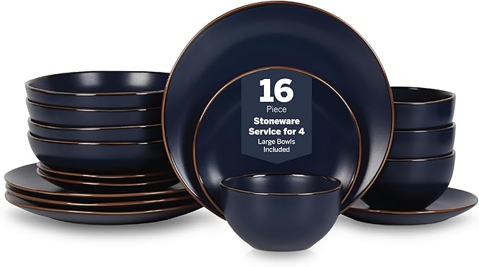 Stone Lain Brasa Stoneware 16 Piece Modern Dinnerware Sets, Plates and Bowls, Service for 4, Blue, Microwave & Dishwasher Safe