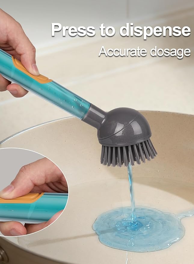 Soap Dispensing Dish Brush Storage Set with 360° Rotating Head, Kitchen Brush with 2 PCS Different Brush Heads & 3 PCS Sponges, Dish Brush Set with Handle for Dishes, Sink, Pans, Pots.