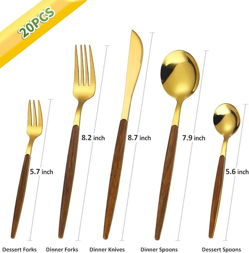 20-Piece Gold Silverware Set with Cake Fork, Stainless Steel Flatware Cutlery Set for 4, Tableware Eating Utensils Set with Wooden effect Handle, Knife Fork Spoon, Mirror Finish, Dishwasher Safe
