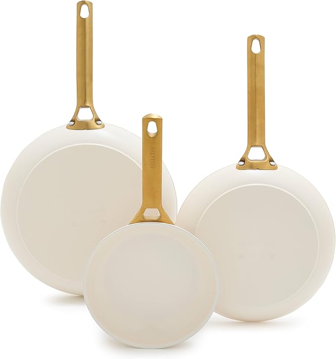 GreenPan Hard Anodized Healthy Ceramic Nonstick 8" 10" & 12" 3 Piece Frying Pan Skillet Set, Gold Handle, PFAS-Free, Dishwasher Safe, Oven Safe, Cream White