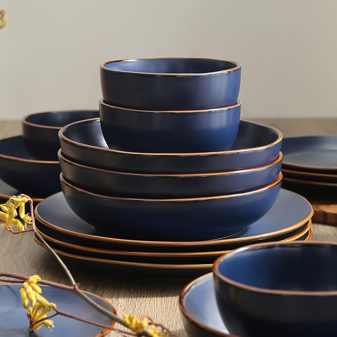 Stone Lain Brasa Stoneware 16 Piece Modern Dinnerware Sets, Plates and Bowls, Service for 4, Blue, Microwave & Dishwasher Safe