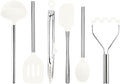 Tovolo Silicone Cooking Utensil Set of 6 Stainless Steel Handle Ladle Slotted Turner Tongs Flex Core Spatula Scraper Mixing Spoon & Potato Masher, Dishwasher Safe BPA Free Utensils, White