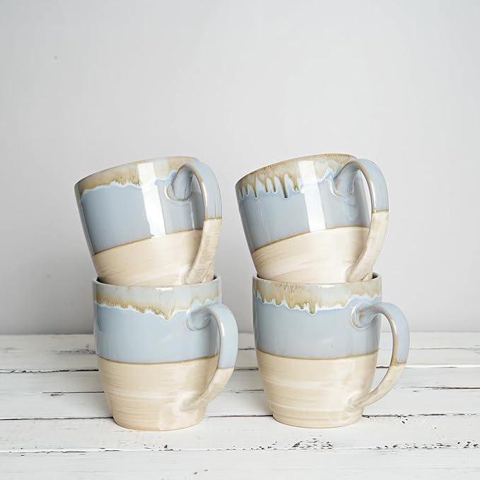 Bosmarlin Ceramic Coffee Mug Set of 4, 16 Oz, 5 Colors to Choose, Tea Cups, Dishwasher and Microwave Safe, Reactive Glaze (Light Blue)