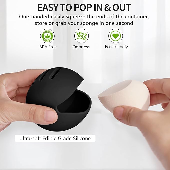 Fauxomor Makeup Sponge Holder,Double-sided 5-line Vented Silicone Beauty Make Up Blender Case for Travel,Shatterproof Make-Up Sponge Travel Case for All Sponges Reuse Easy Carry,Black