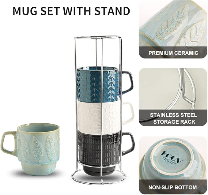 KOOV Ceramic Coffee Mug Set with Stand, 16 oz Coffee Mugs for Coffee, Tea, Cocoa, Stackable Ceramic Coffee Cup Set of 4, Large Mug Set of 4, Drinking Vessels for Women, Men (Blueset)