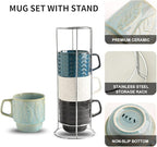 KOOV Ceramic Coffee Mug Set with Stand, 16 oz Coffee Mugs for Coffee, Tea, Cocoa, Stackable Ceramic Coffee Cup Set of 4, Large Mug Set of 4, Drinking Vessels for Women, Men (Blueset)
