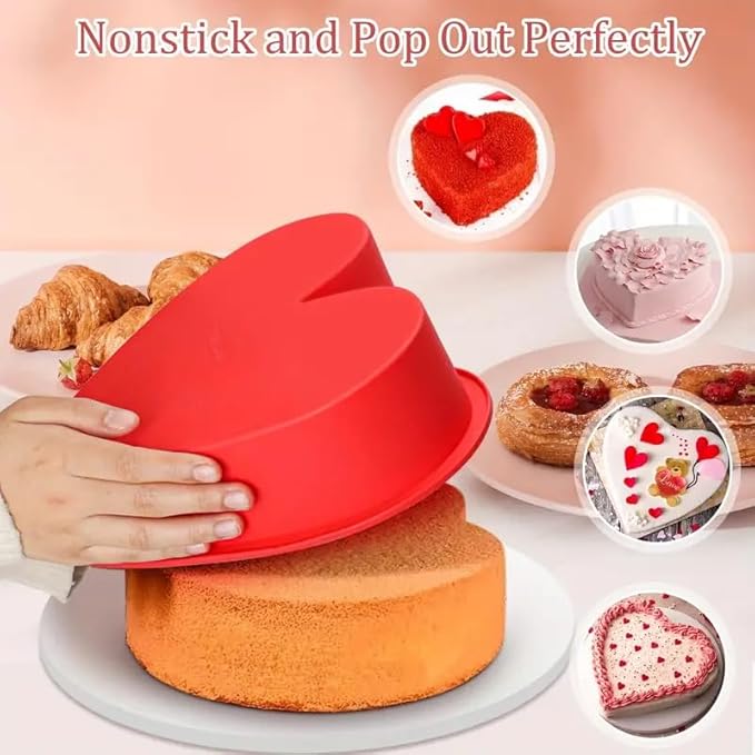 3 PCS Silicone Heart Shaped Cake Pans 4 6 8 Inch Nonstick Silicone Heart Baking Mold Reusable Food Grade Mold for Baking Brownie Valentine Mother Wedding Birthday Day(Red)